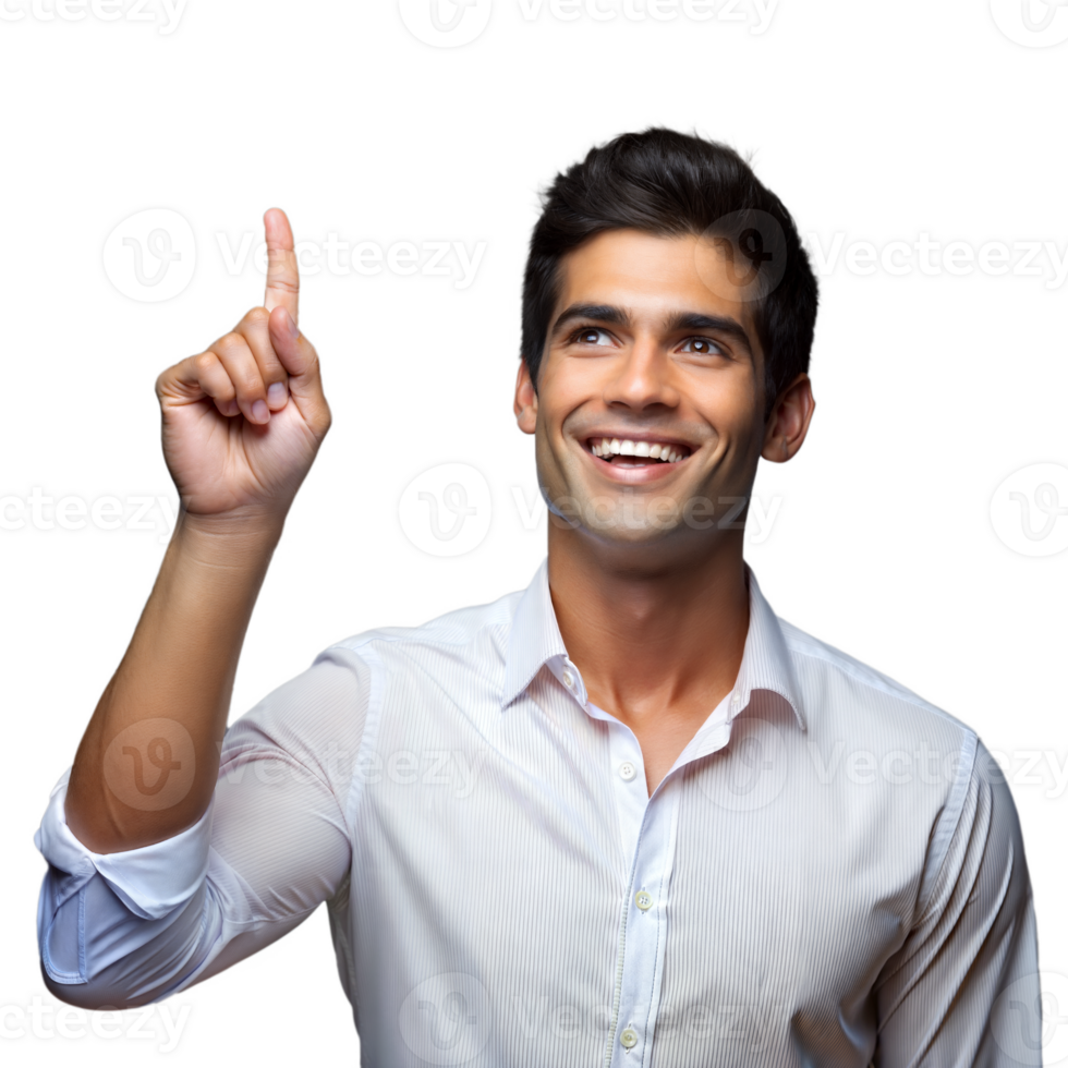 Smiling young man pointing up on transparent background png