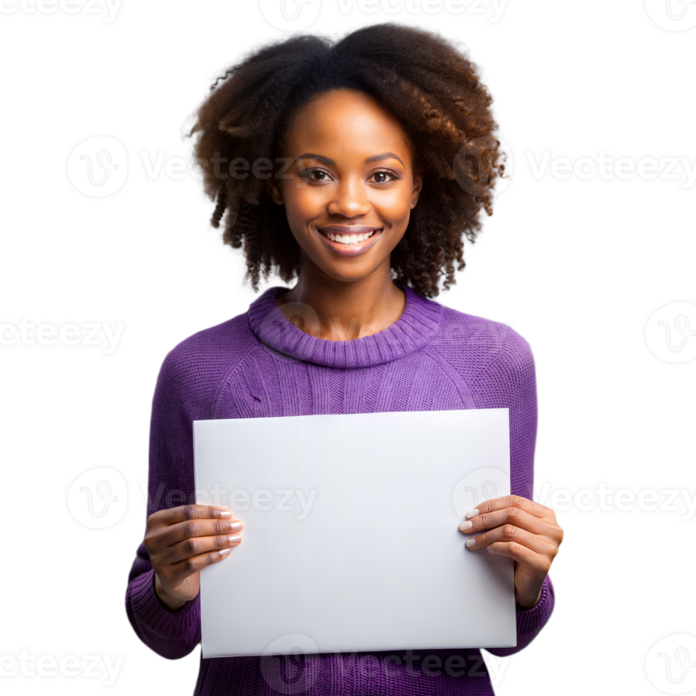 Smiling woman holding blank sign on transparent background png