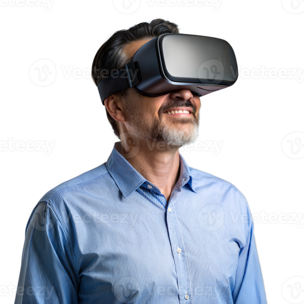 Man using virtual reality headset and smiling on transparent background png