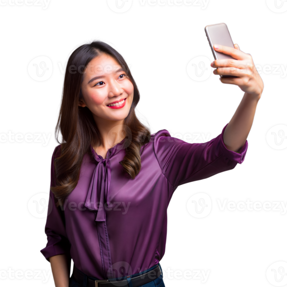 Smiling woman taking a selfie with transparent background png