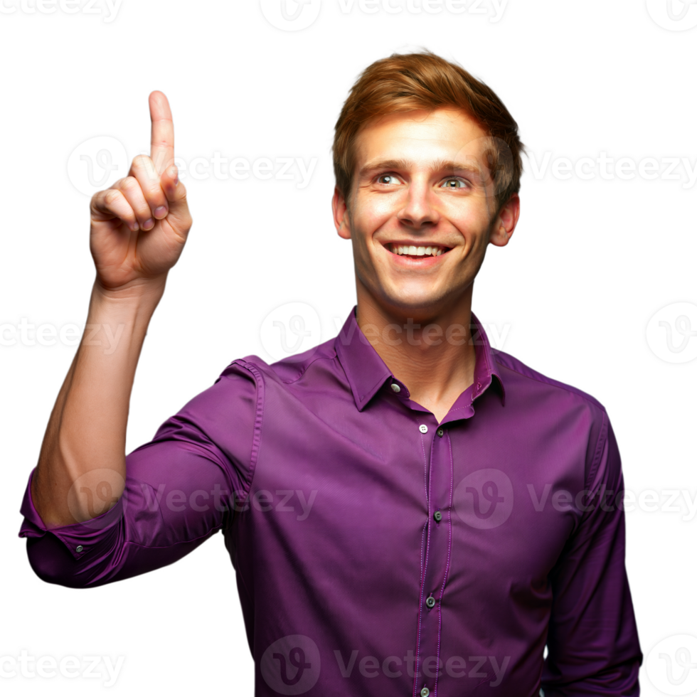 Happy young man pointing upwards on a transparent background png