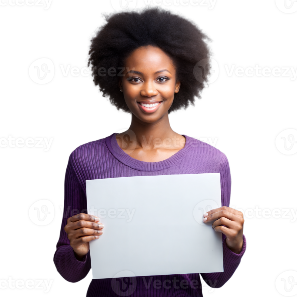 Smiling woman holding a blank sign on transparent background png