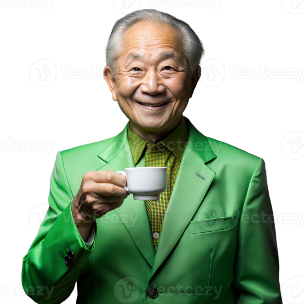 Elderly man in green suit enjoying a cup of coffee png