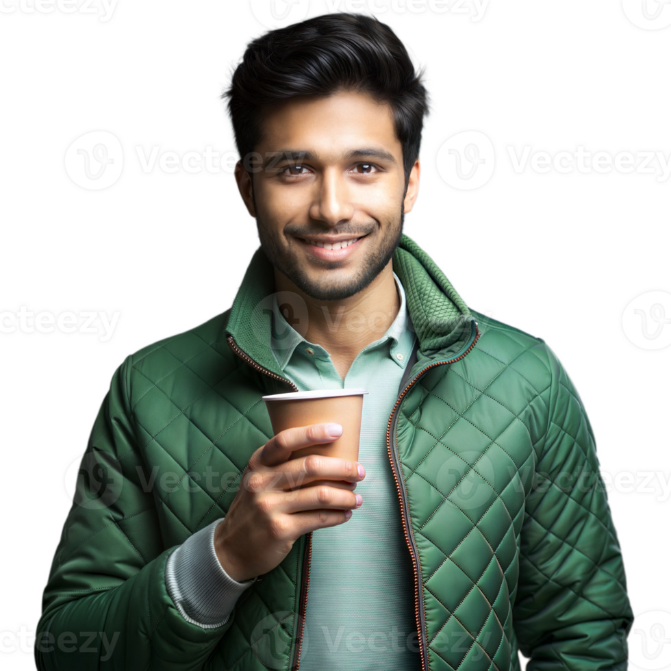 Smiling man in green jacket enjoying a cup of coffee png