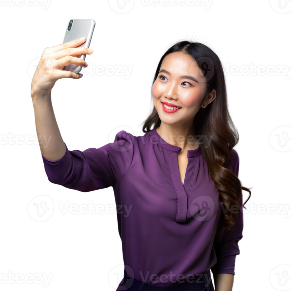 Woman taking selfie with smartphone on transparent background png