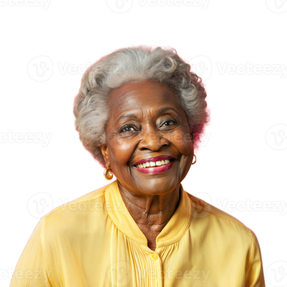 Smiling elderly woman in yellow shirt on transparent background png