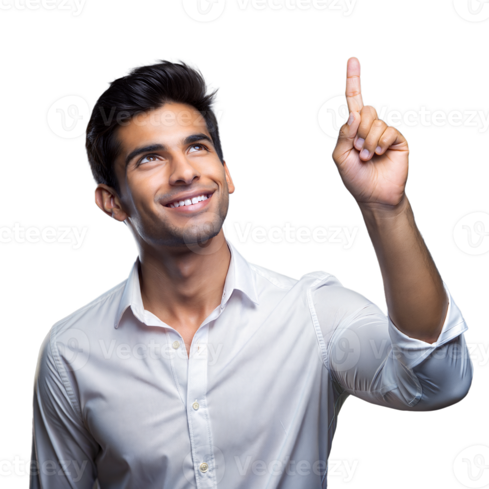 Confident young man pointing upward with a smile png