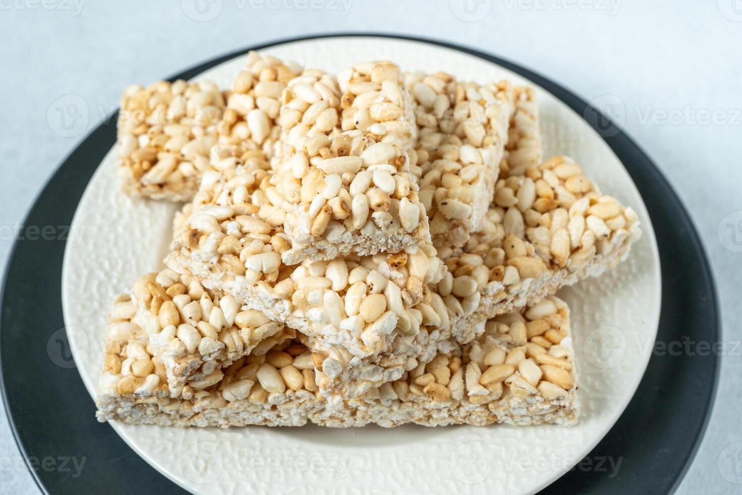 Sweet puffed rice. Food dessert crispy cracker with sugar photo