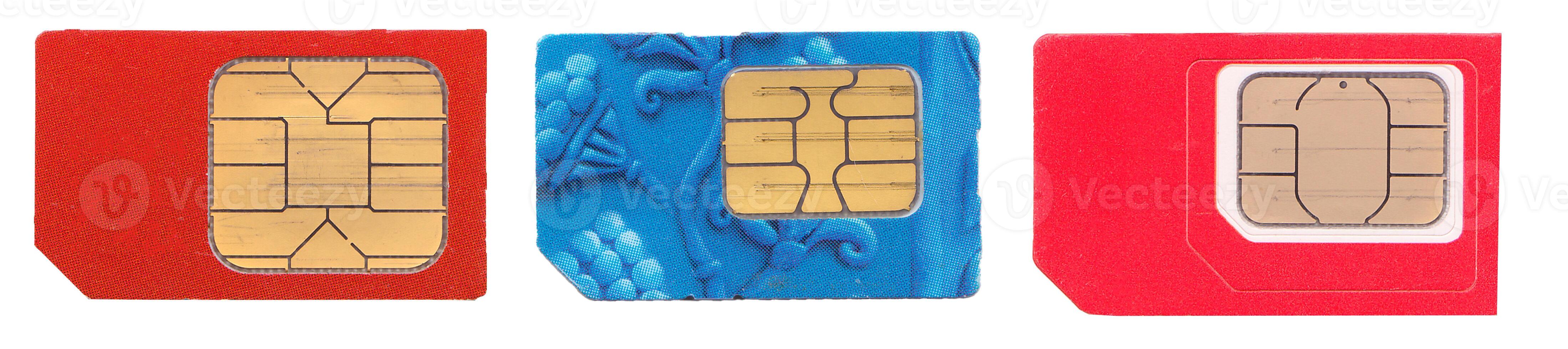 Old SIM card isolated on white background. Different mini Micro Sim Cards. photo