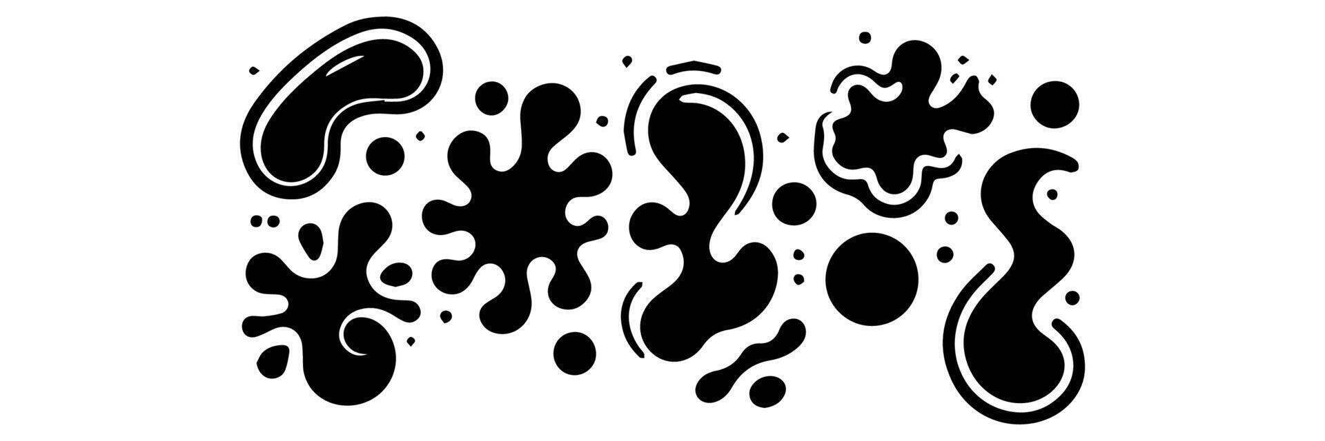 Black Liquid shapes, frames with uneven wavy edge set, collection. Water, fluid, paint, milk puddle, stain, rounded blot with splashes, drops, blobs, droplets. Design elements, backgrounds for text. vector