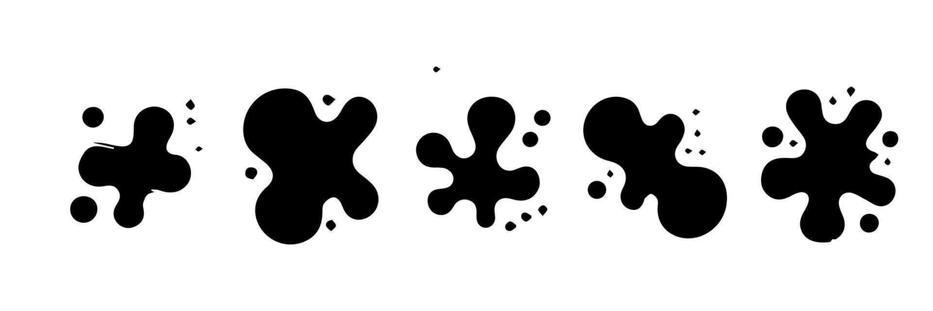 Black Liquid shapes, frames with uneven wavy edge set, collection. Water, fluid, paint, milk puddle, stain, rounded blot with splashes, drops, blobs, droplets. Design elements, backgrounds for text. vector