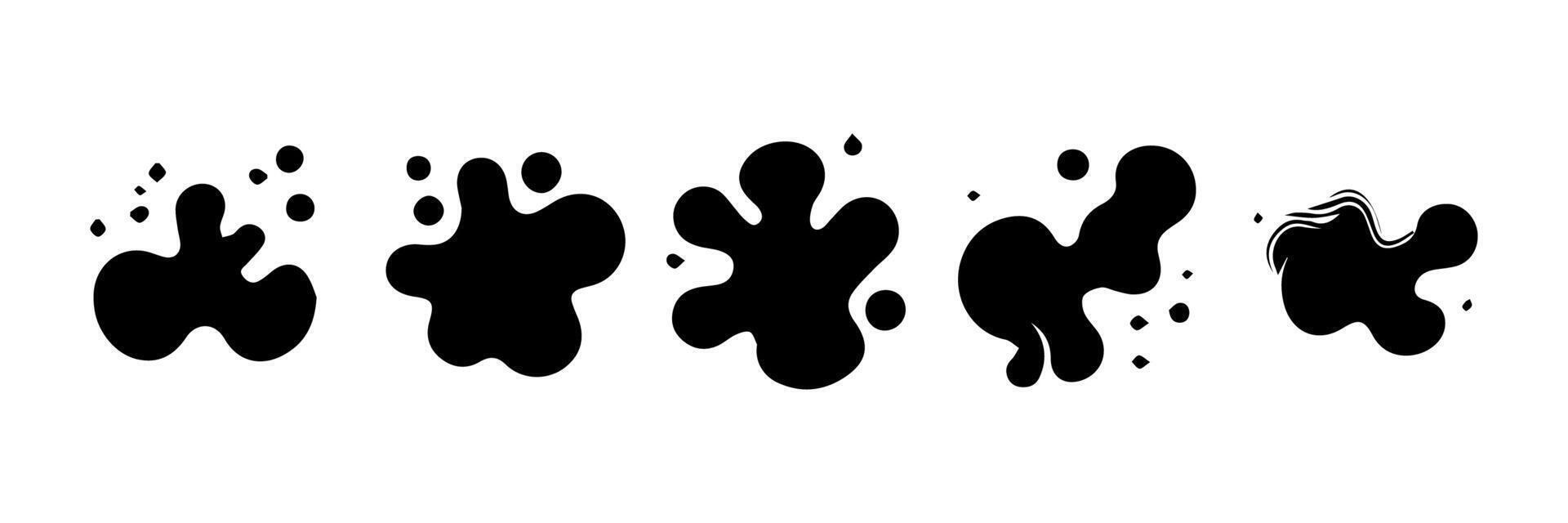 Black Liquid shapes, frames with uneven wavy edge set, collection. Water, fluid, paint, milk puddle, stain, rounded blot with splashes, drops, blobs, droplets. Design elements, backgrounds for text. vector