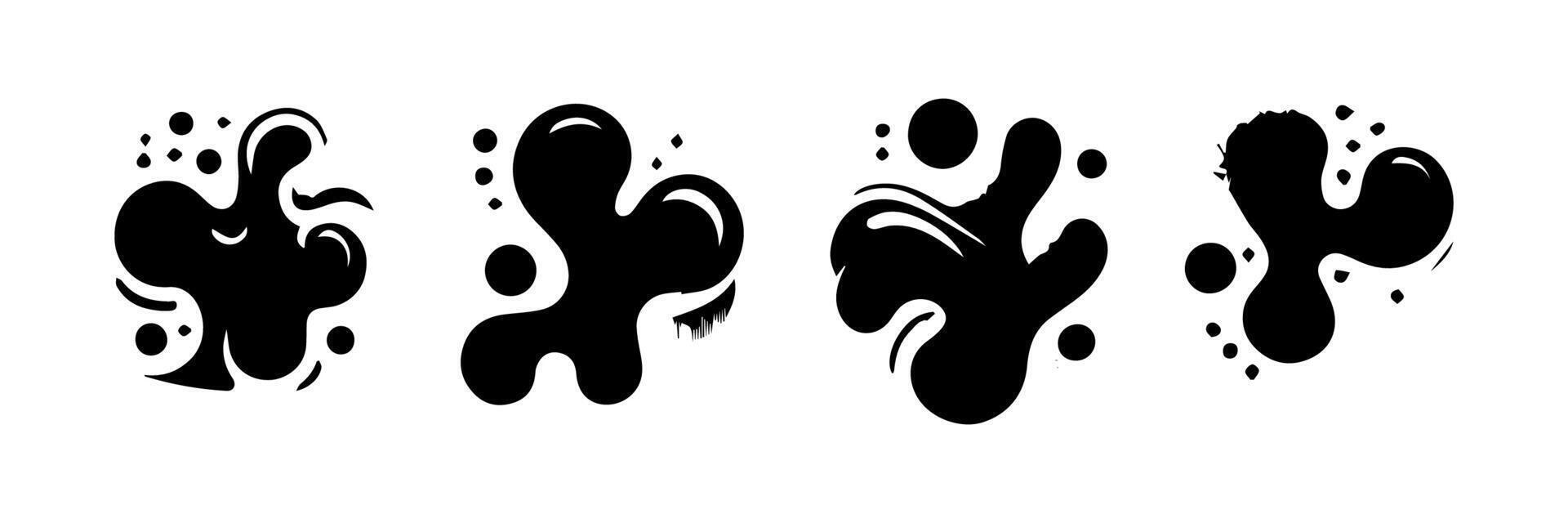 Black Liquid shapes, frames with uneven wavy edge set, collection. Water, fluid, paint, milk puddle, stain, rounded blot with splashes, drops, blobs, droplets. Design elements, backgrounds for text. vector