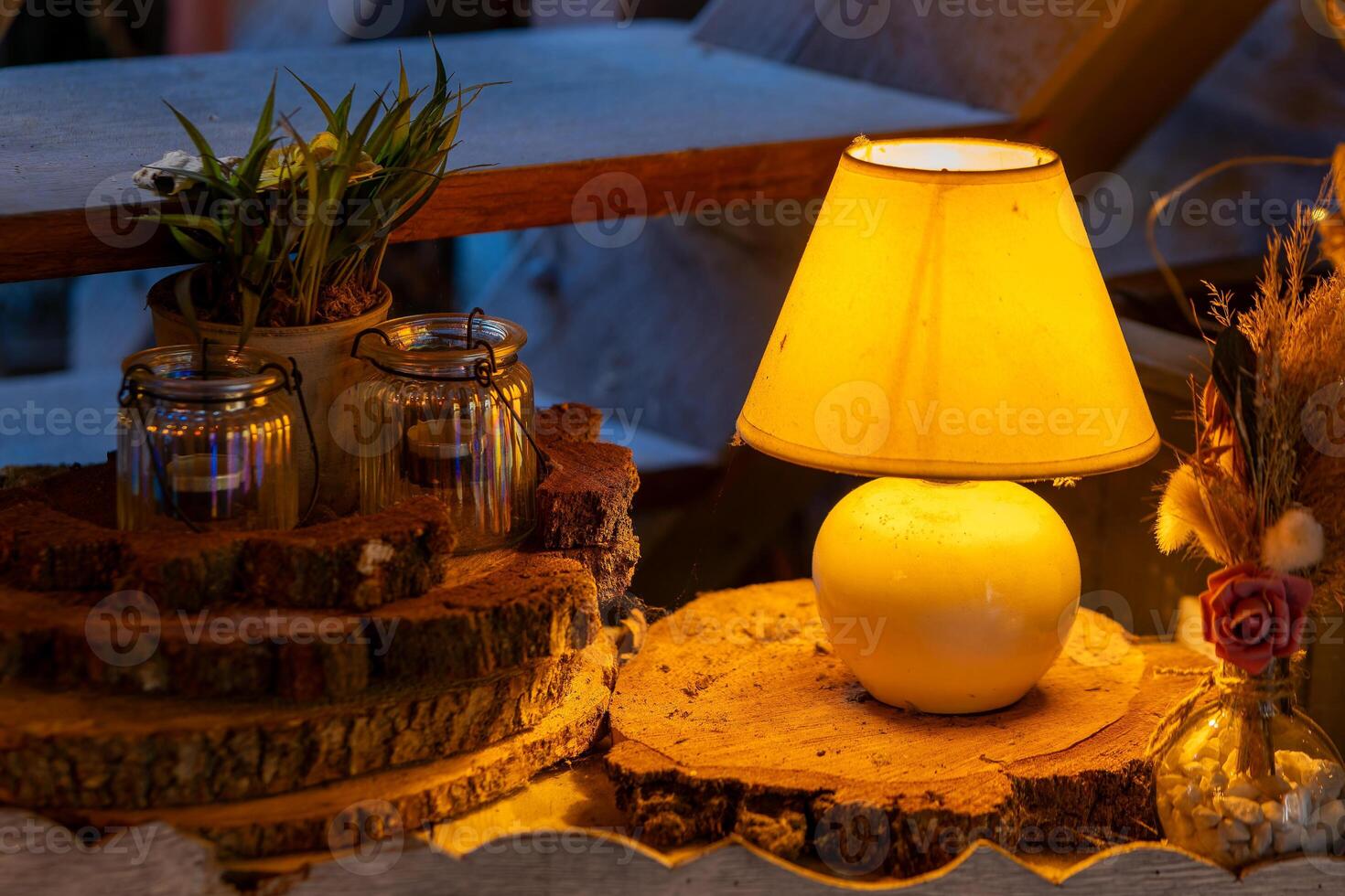 decorative lamp in the evening in a bedroom photo
