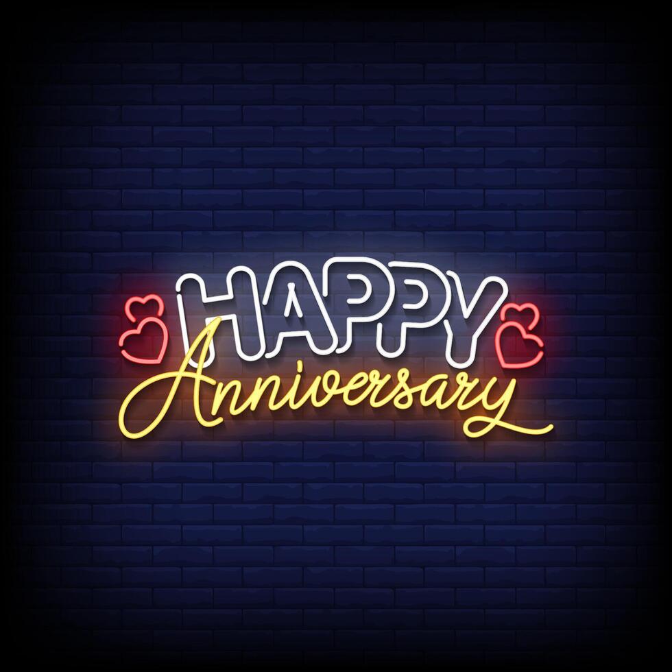 happy anniversary neon Sign on brick wall background vector