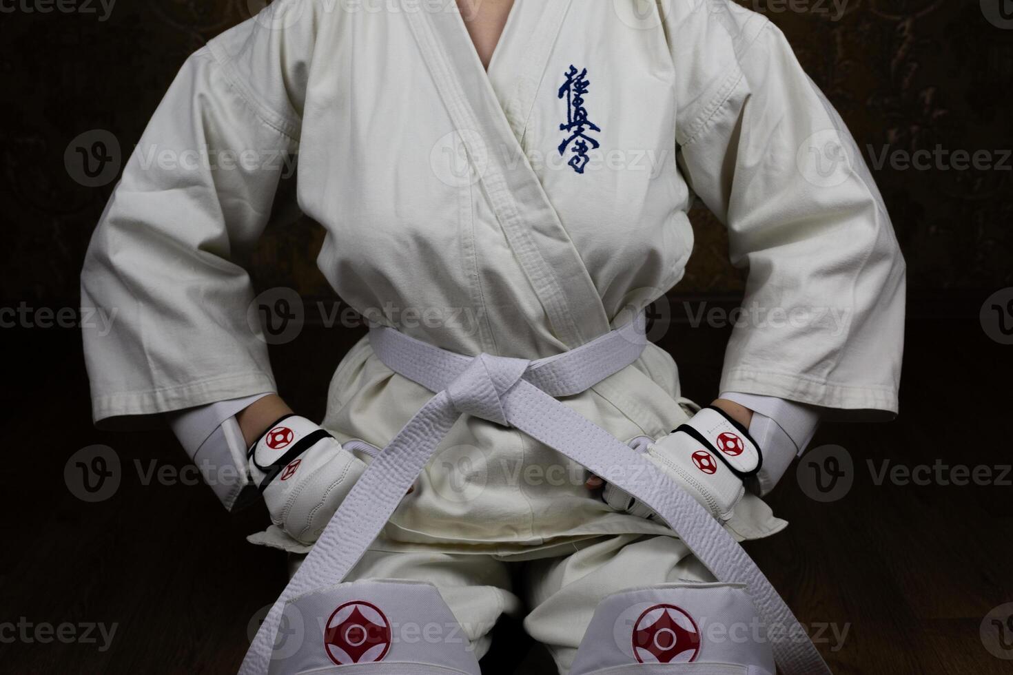 Girl athlete in kimono and white Kyokushinkai karate belt sits in a traditional seiza pose photo