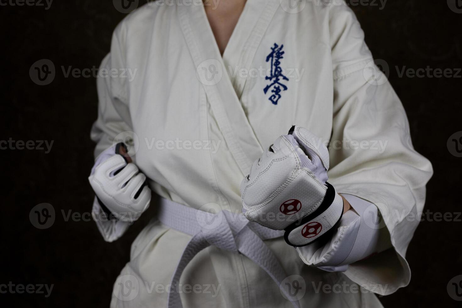 Young woman in Kyokushin karate kimono in fighting stance with lowered clenched fists photo