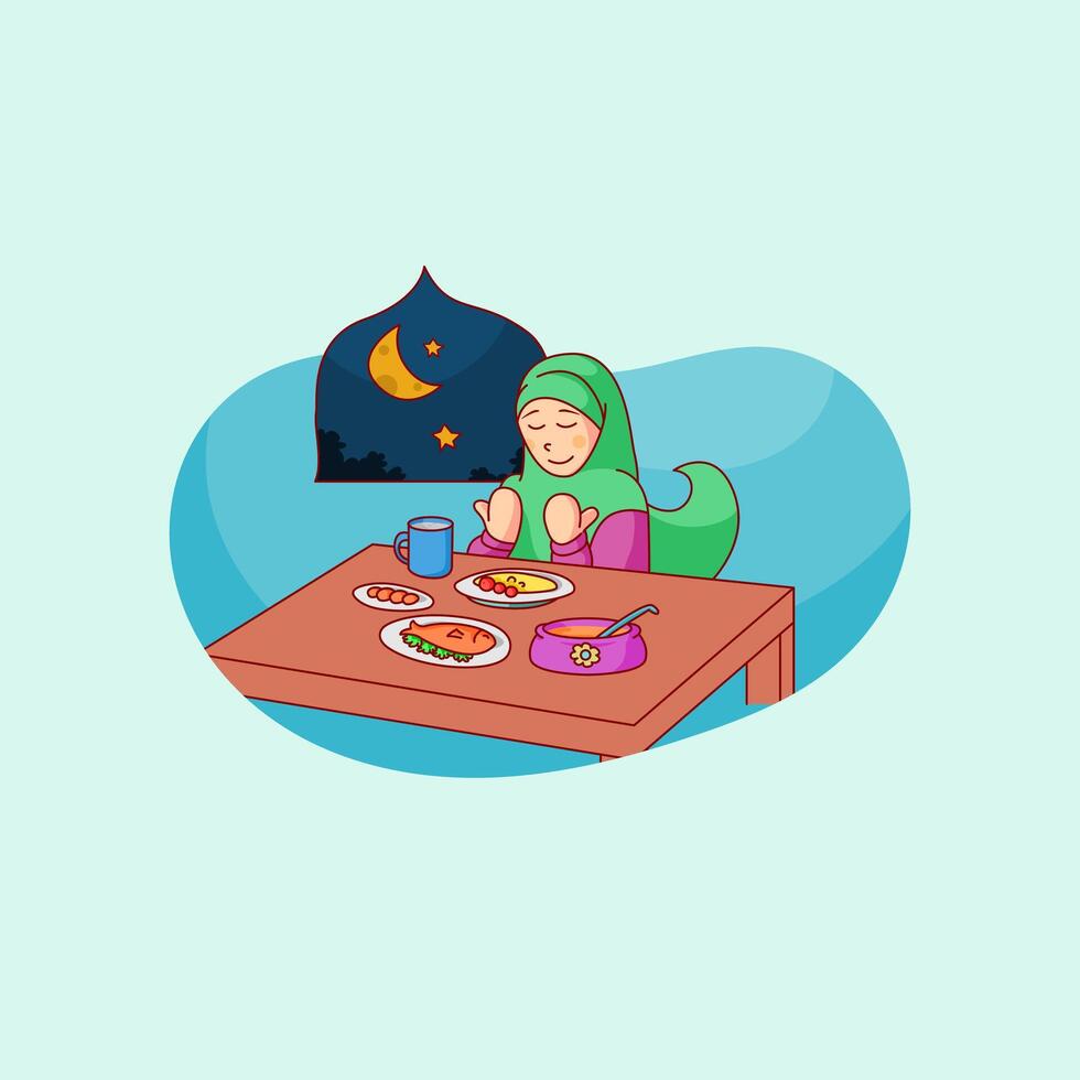 children eat sahur. Muslim woman is praying to eat and preparing to eat suhoor meals vector