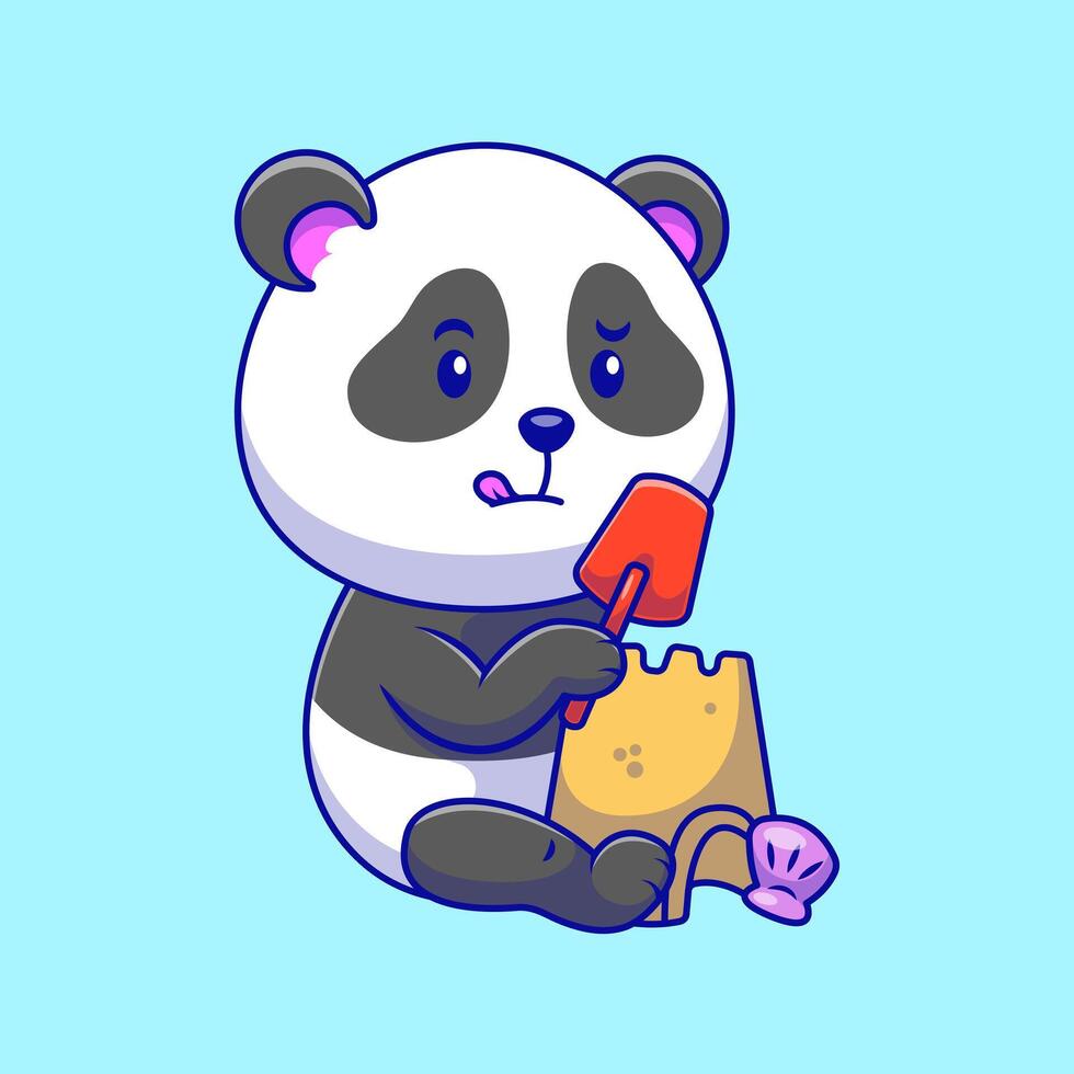 Panda Bear Building A Sand Castle Icon Illustration. Cute Animal Summer Activities. Suitable for any creative project. vector