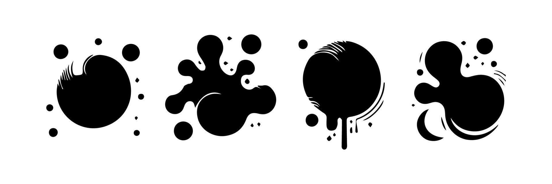 Black Liquid shapes, frames with uneven wavy edge set, collection. Water, fluid, paint, milk puddle, stain, rounded blot with splashes, drops, blobs, droplets. Design elements, backgrounds for text. vector