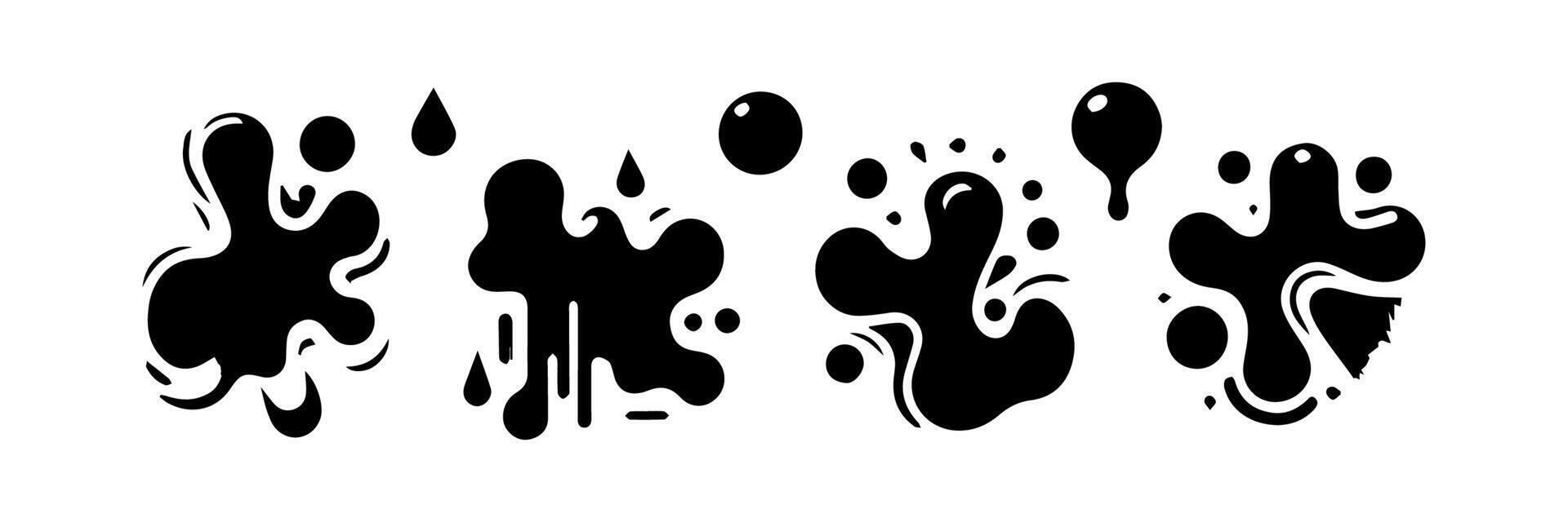 Black Liquid shapes, frames with uneven wavy edge set, collection. Water, fluid, paint, milk puddle, stain, rounded blot with splashes, drops, blobs, droplets. Design elements, backgrounds for text. vector