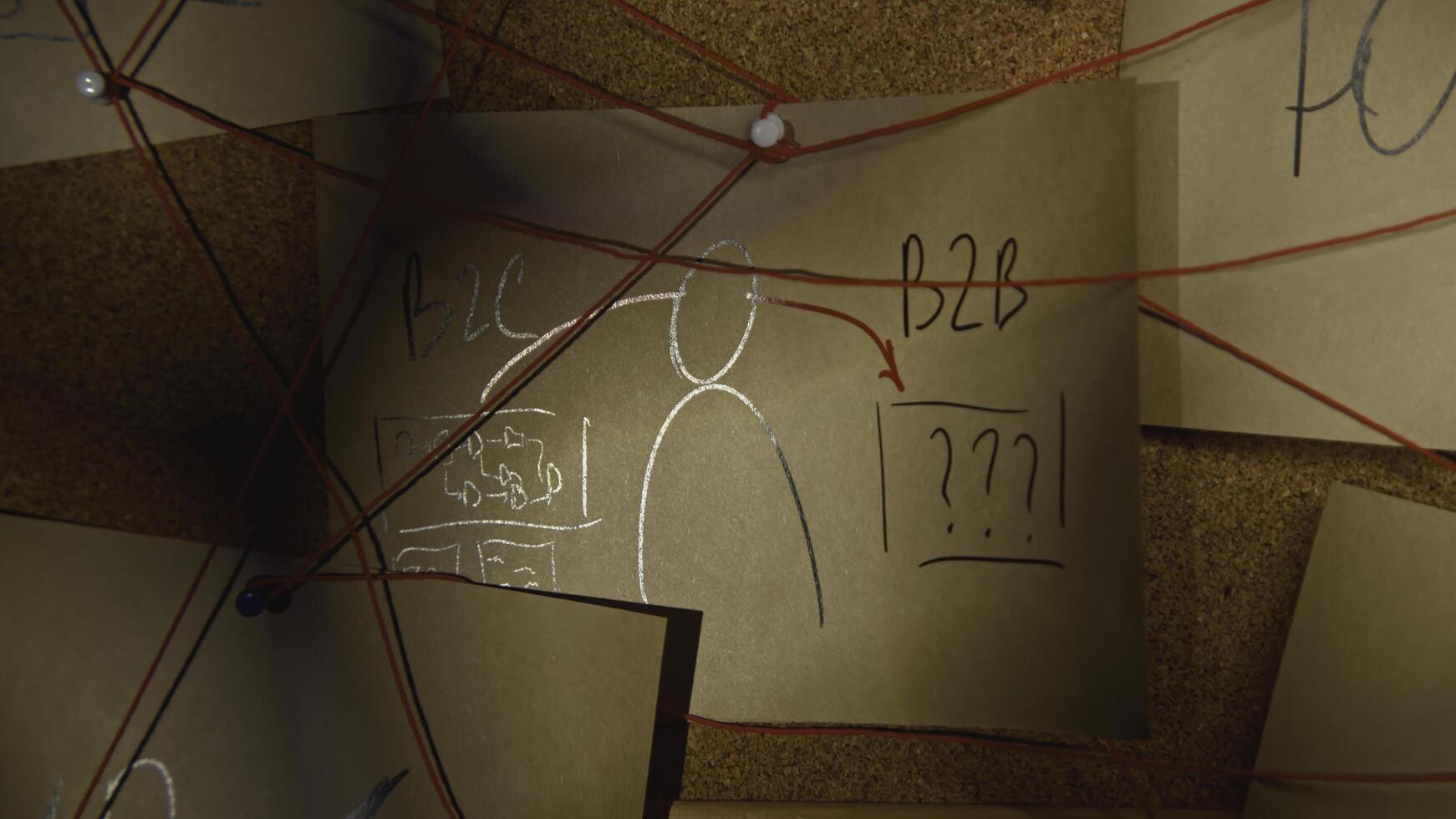 Note with inscription on wall. Stock footage. A note with an inscription on the wall. Close-up of note with inscription on red thread. Lantern lighting notes on string in night office photo