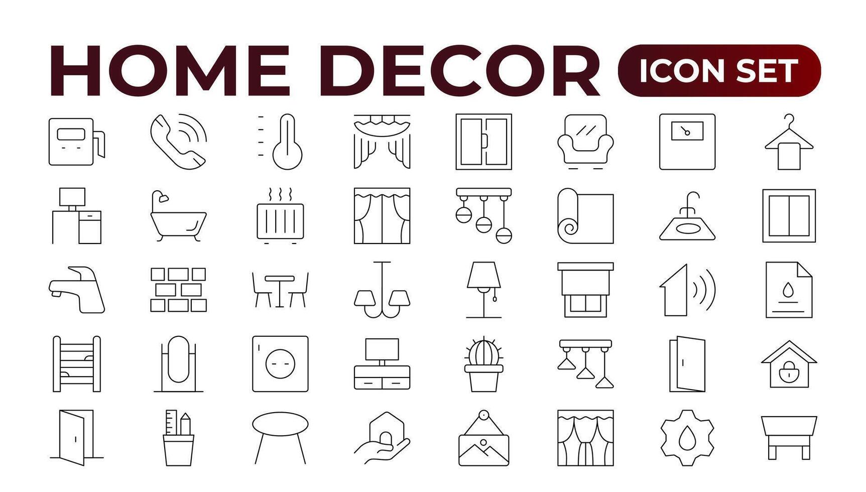 Set of furniture and home decor related icon set. home decor, decorations line icons. Contains such Icons as Children's Bed, Sofa, Hanger and more. Linear icon illustration collection. vector