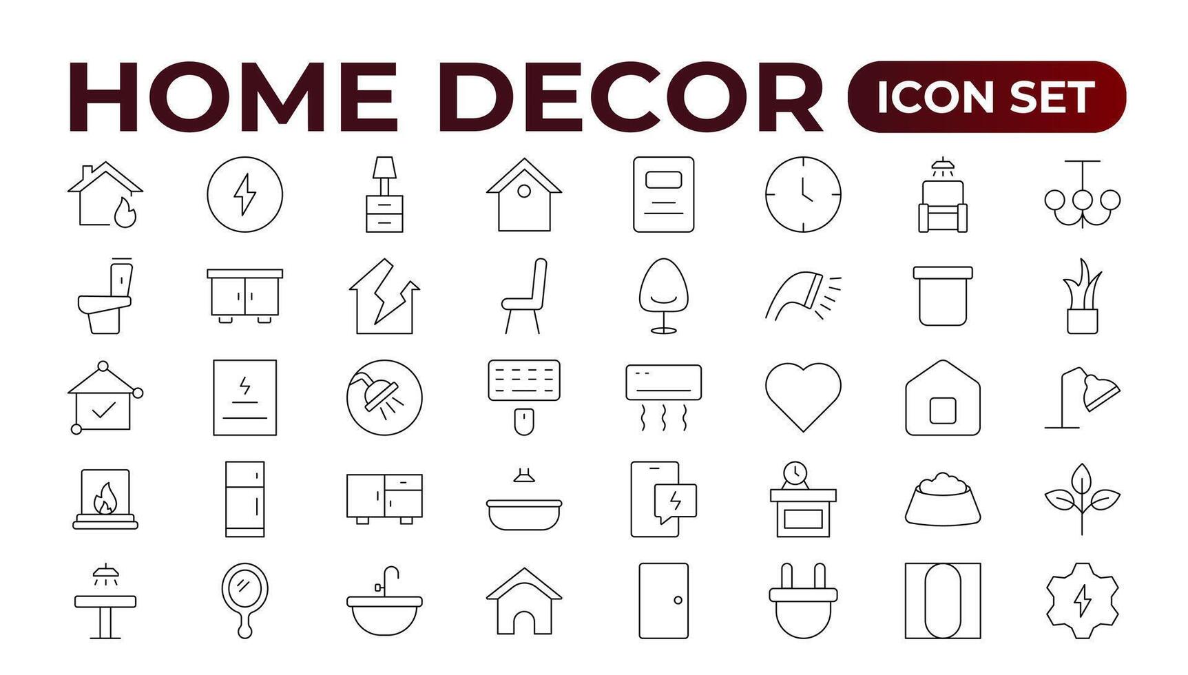 Set of furniture and home decor related icon set. home decor, decorations line icons. Contains such Icons as Children's Bed, Sofa, Hanger and more. Linear icon illustration collection. vector