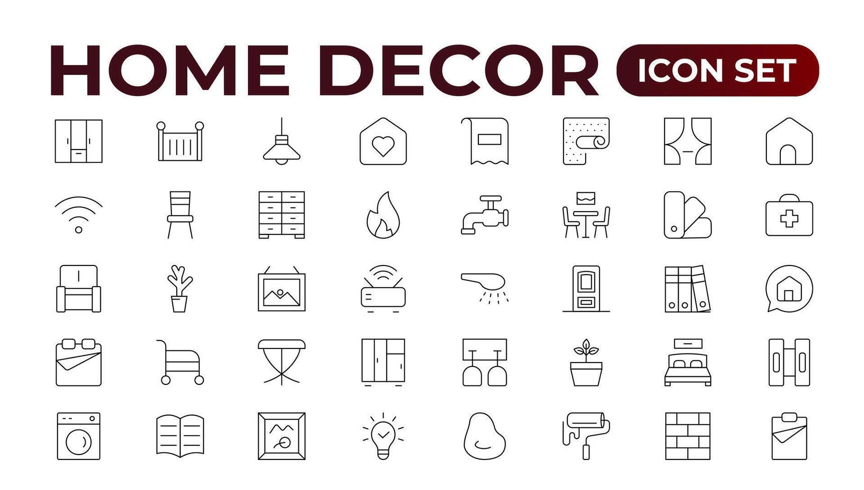 Set of furniture and home decor related icon set. home decor, decorations line icons. Contains such Icons as Children's Bed, Sofa, Hanger and more. Linear icon illustration collection. vector