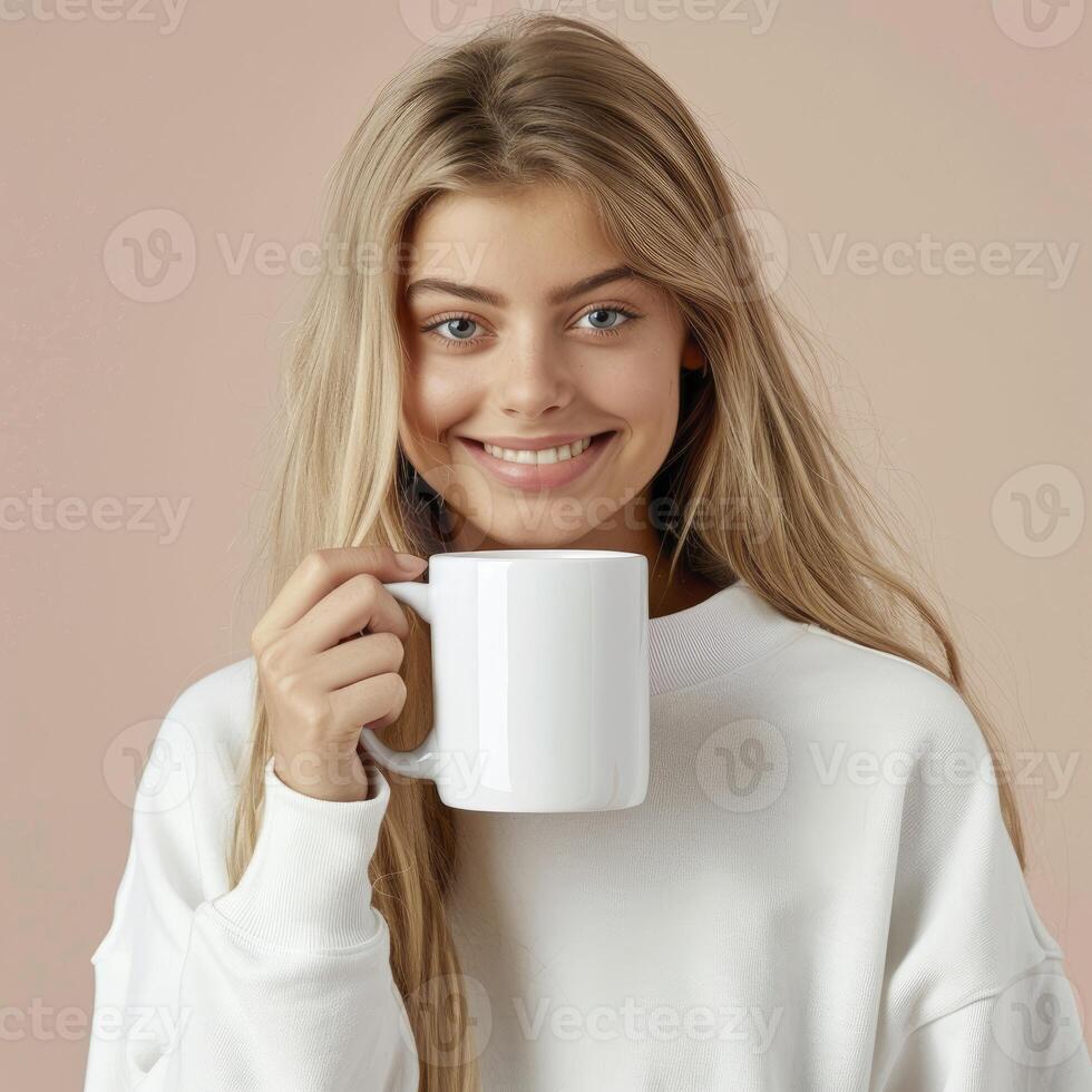 Denmark Beautiful Girl Holding 15Oz Plain White Mug Mockup photo