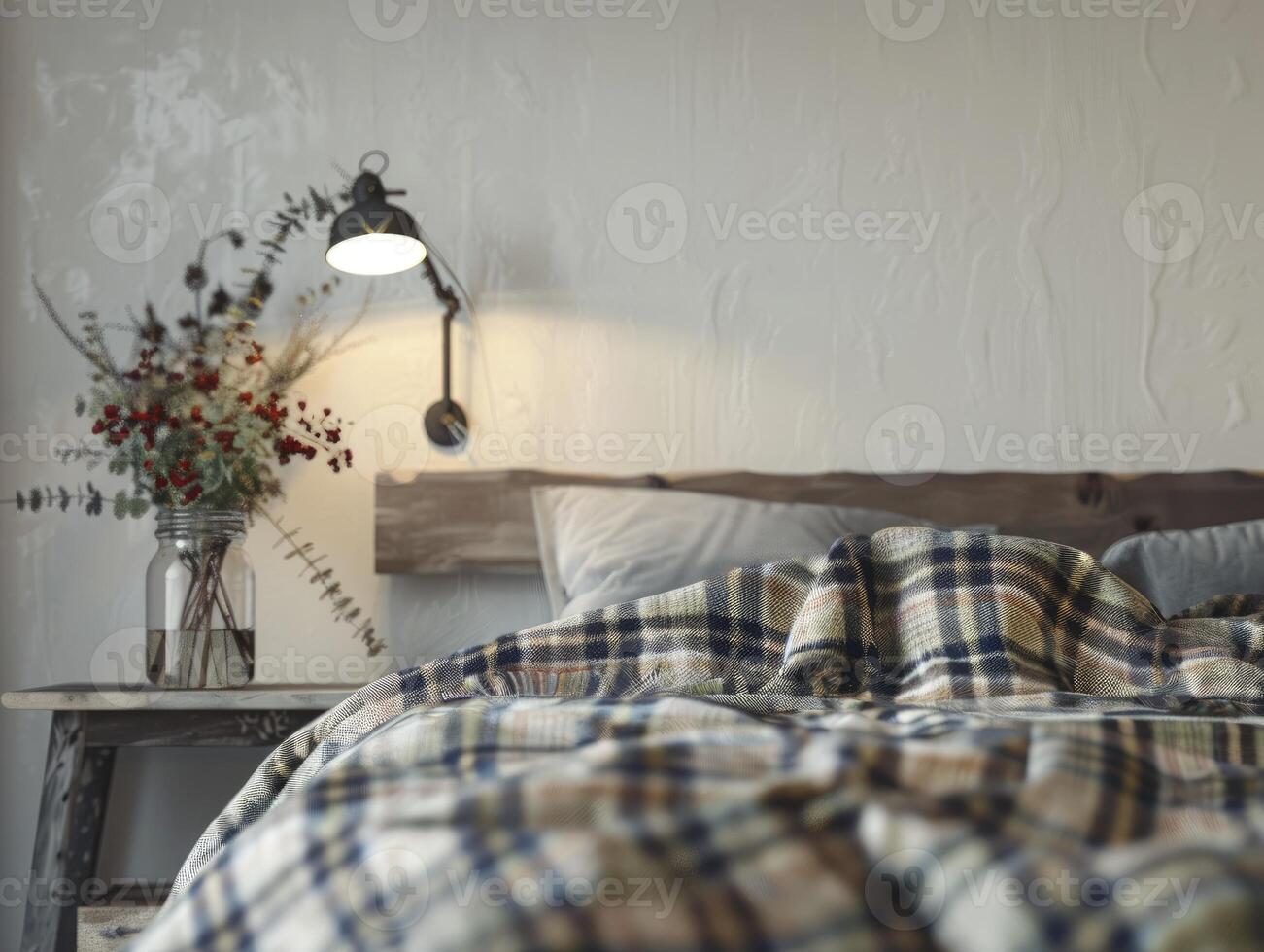 Rustic Farmhouse Bedroom With A Mason Jar Night Lamp And Plaid Bedding, Natural Colors photo
