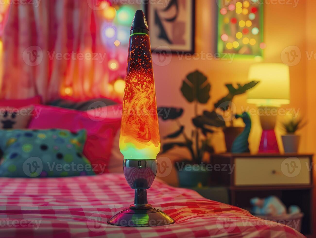 Retro Bedroom With A Lava Lamp Casting Colorful Light Patterns, Natural Colors photo