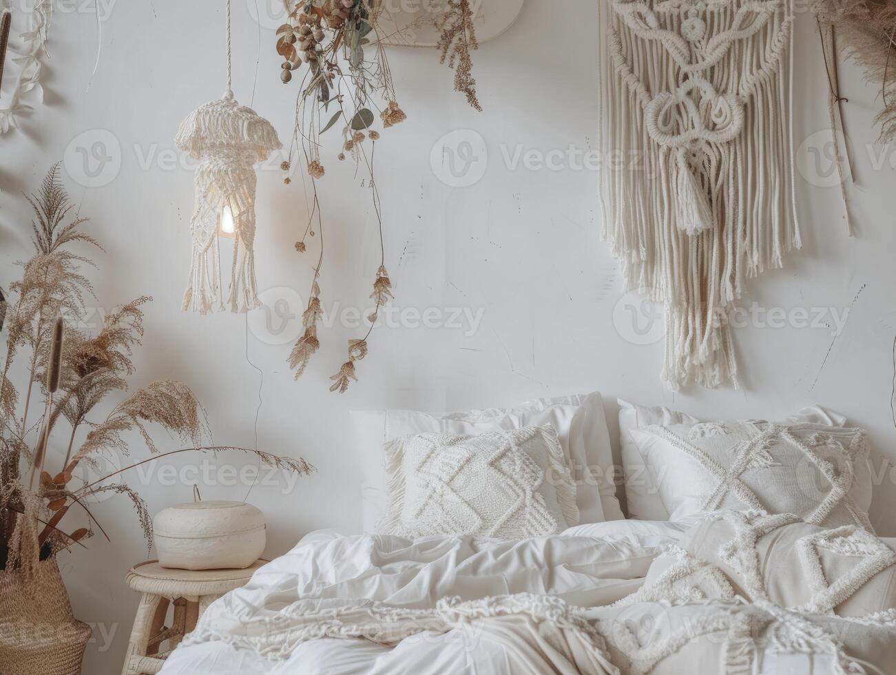 Bohemian Bedroom Decor With A Macrame Night Lamp Hanging From The Ceiling, Natural Colors photo