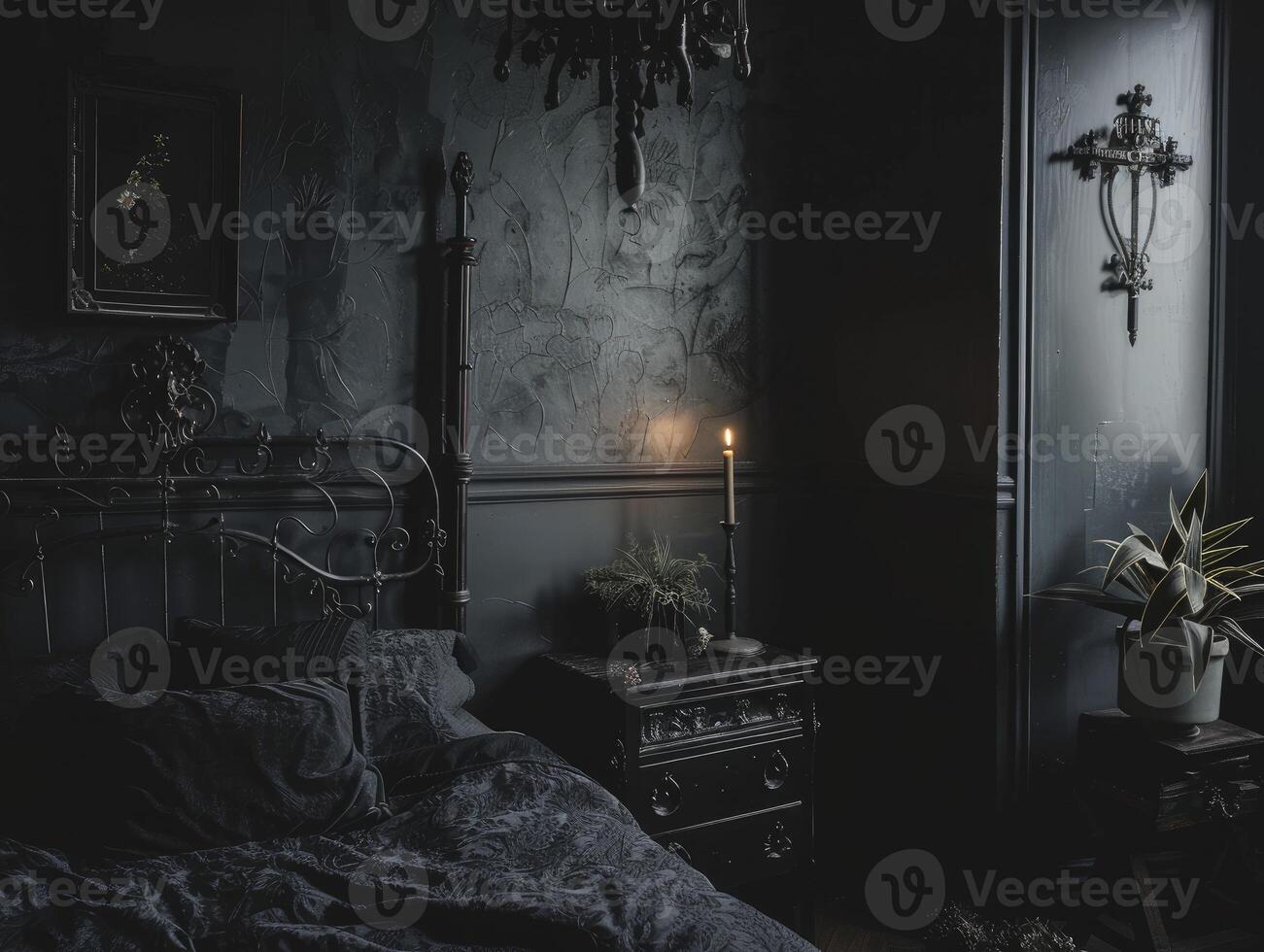 Gothic Bedroom With A Wrought Iron Night Lamp And Dark, Rich Decor, Natural Colors photo