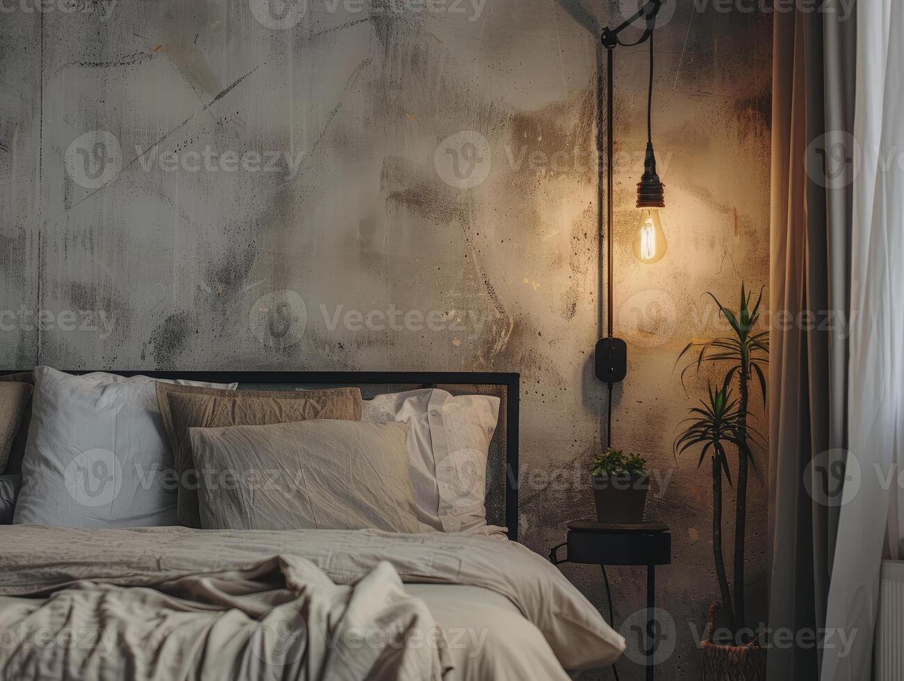 Contemporary Loft Bedroom With A Minimalist Night Lamp And Industrial Elements, Natural Colors photo
