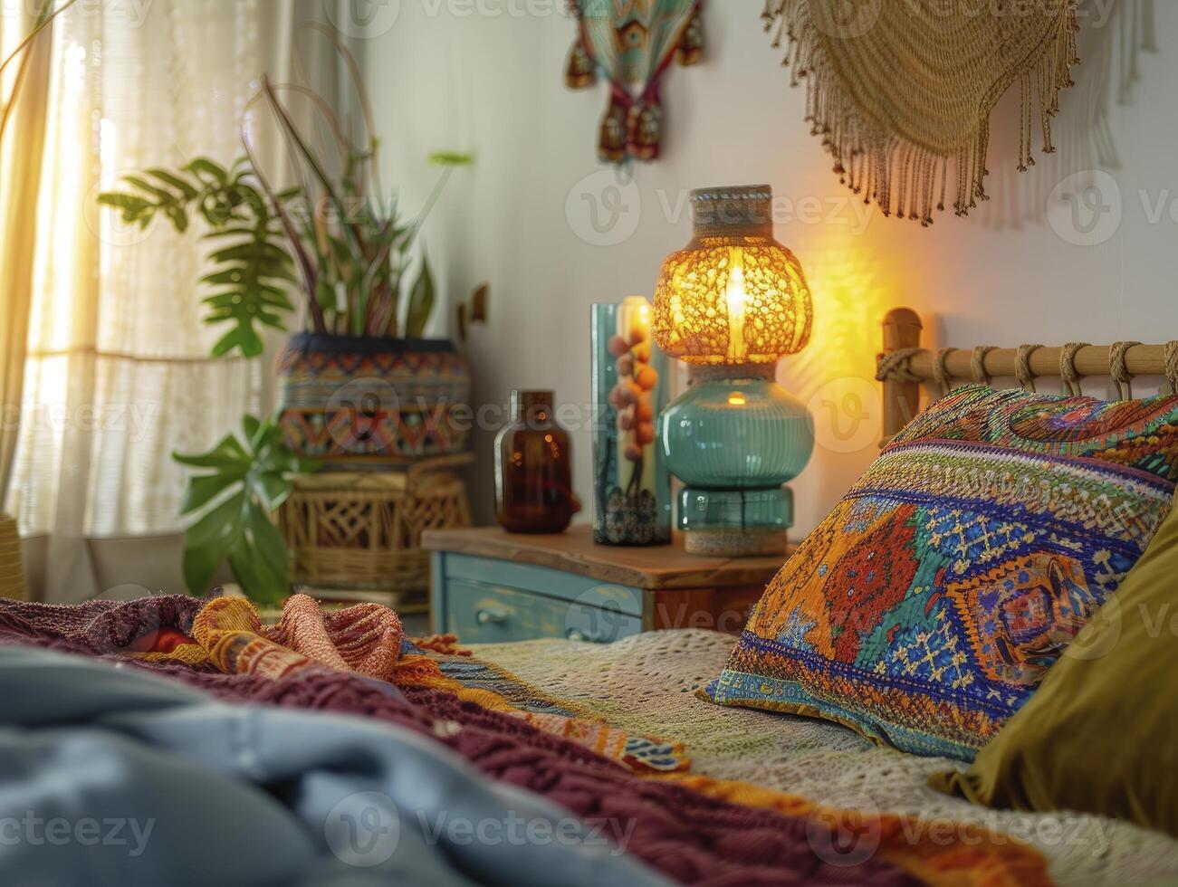 Bohemian Bedroom With A Colorful Night Lamp And Eclectic, Vibrant Furnishings, Natural Colors photo
