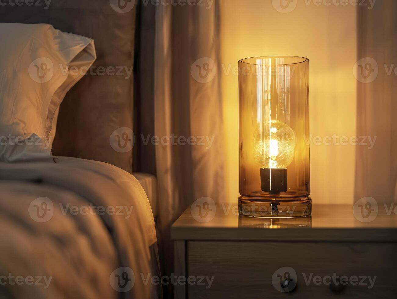 Chic Bedroom With A Cylindrical Glass Night Lamp On A Modern Nightstand, Natural Colors photo