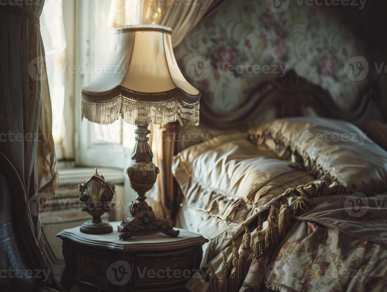 Victorian Bedroom With An Ornate Night Lamp And Luxurious Fabrics, Natural Colors photo