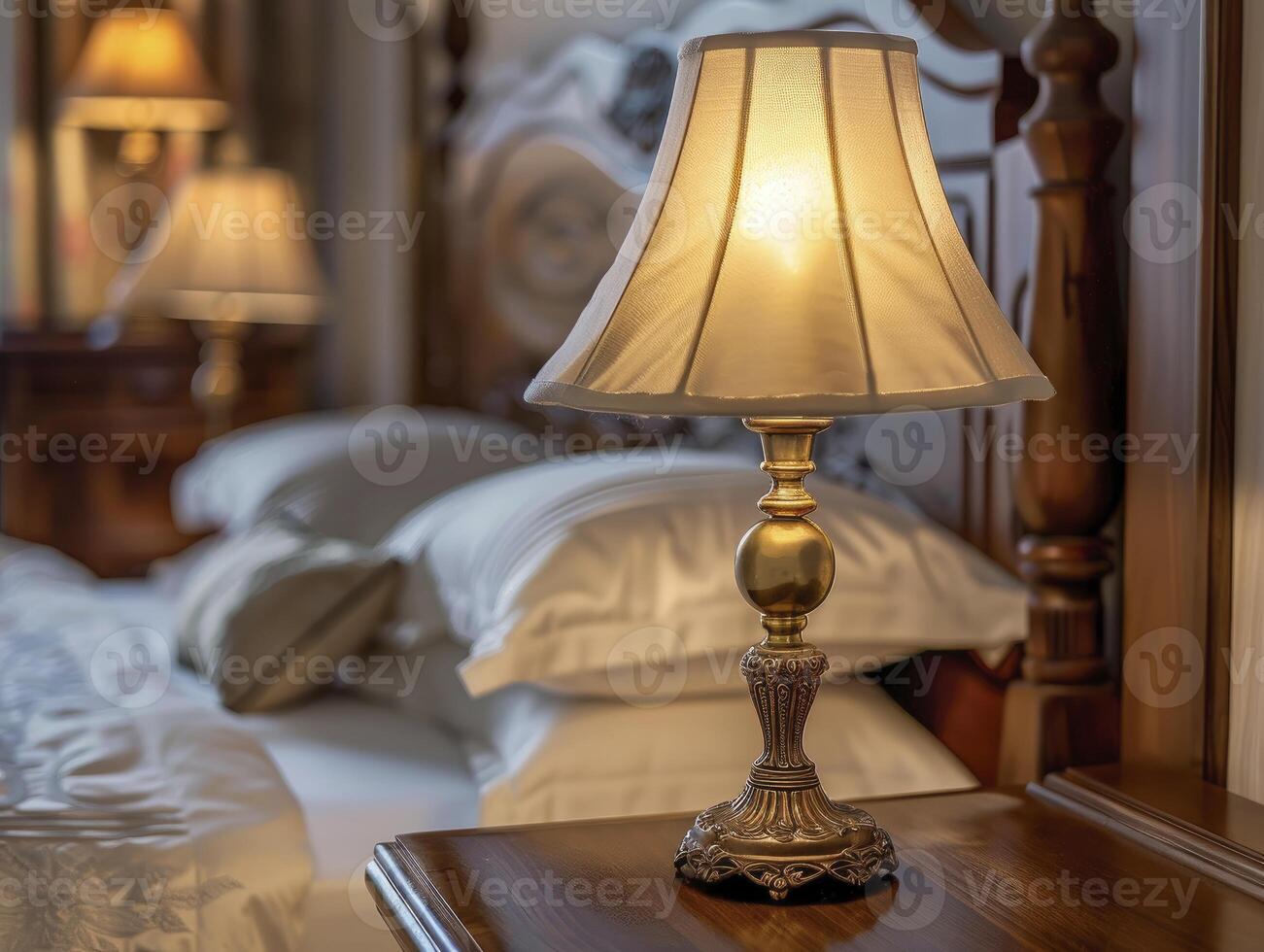 Classic Bedroom With A Traditional Brass Night Lamp On A Polished Wooden Table, Natural Colors photo