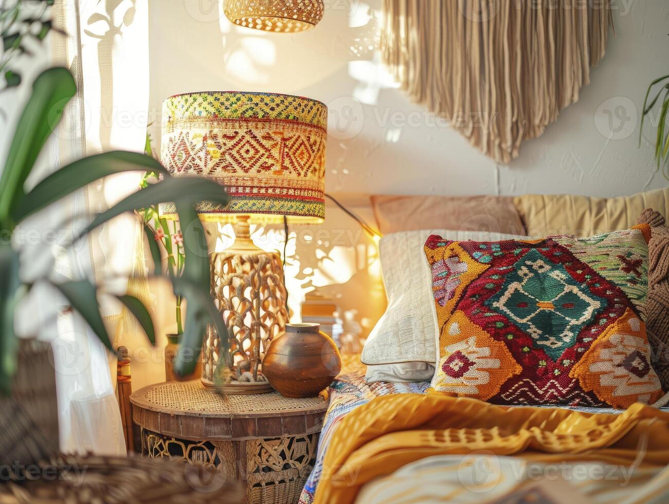Bohemian Bedroom With A Colorful Night Lamp And Eclectic, Vibrant Furnishings, Natural Colors photo