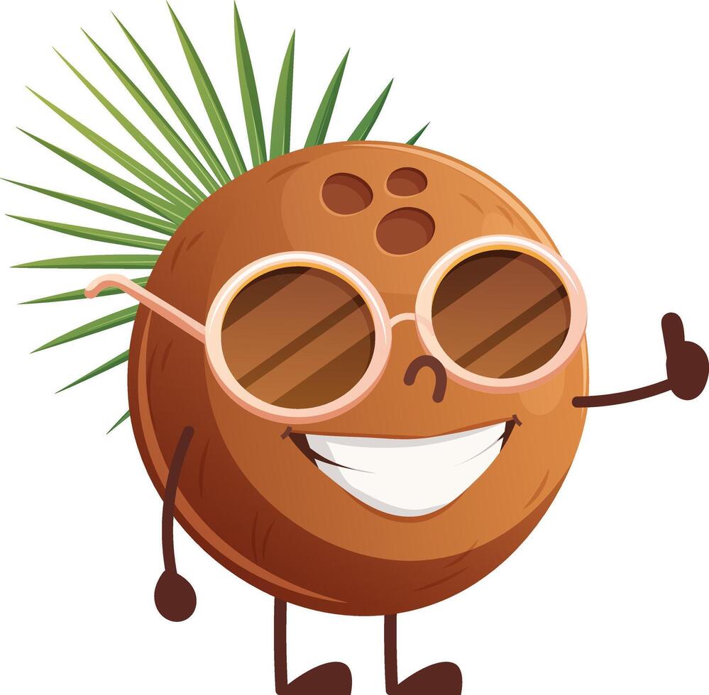 Funny cartoon coconut with palm tree branch shows cool. Hello summer, summer vibe. illustration vector