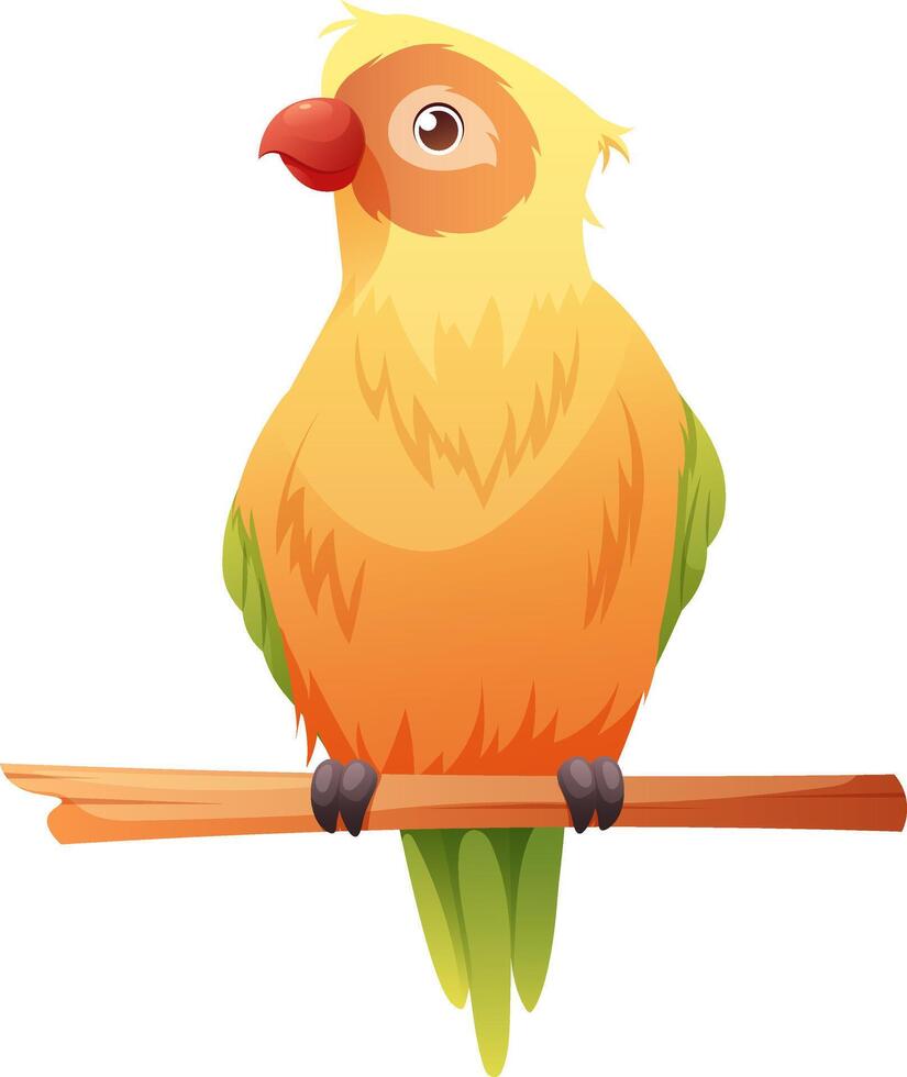 Cute yellow parrot with green wings and tail sits on branch. Cartoon illustration of tropical birds on white background vector