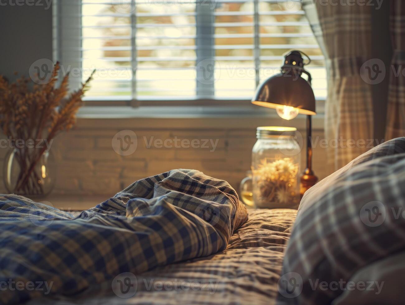 Rustic Farmhouse Bedroom With A Mason Jar Night Lamp And Plaid Bedding, Natural Colors photo