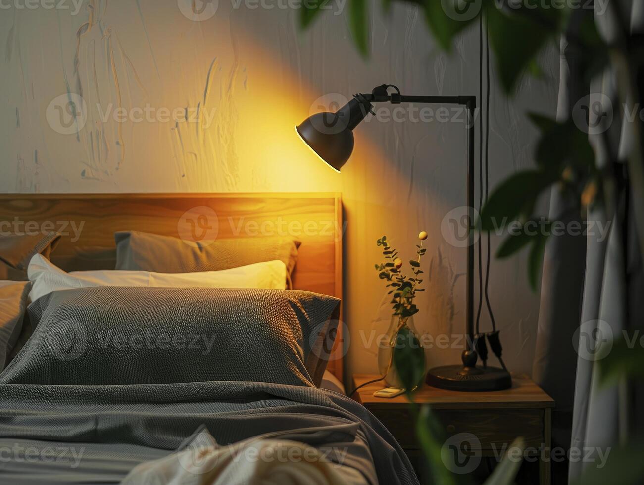 Modern Loft Bedroom With A Sleek, Led Night Lamp And Industrial Elements, Natural Colors photo