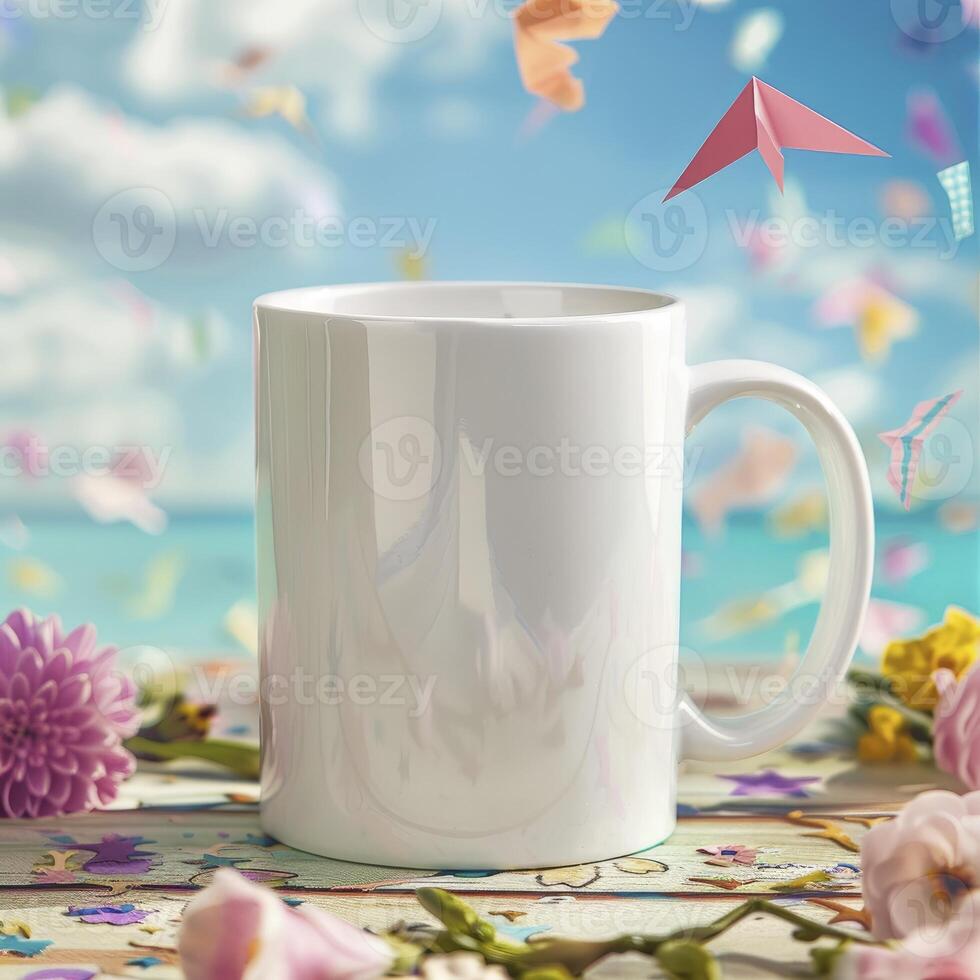 White Coffee Mug 15Oz Mockup, On Kites Background photo