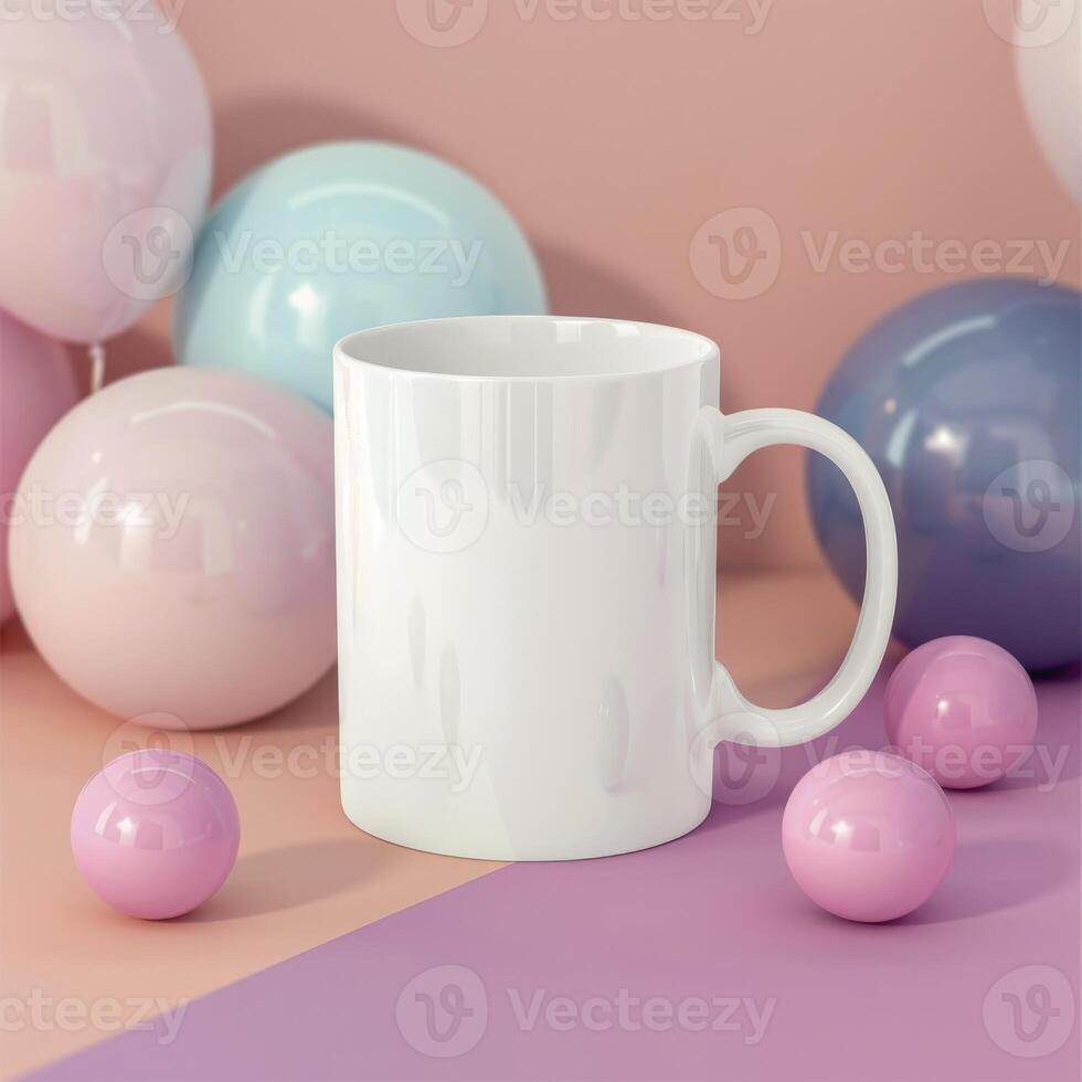 White Coffee Mug 15Oz Mockup, On Balloons Background photo