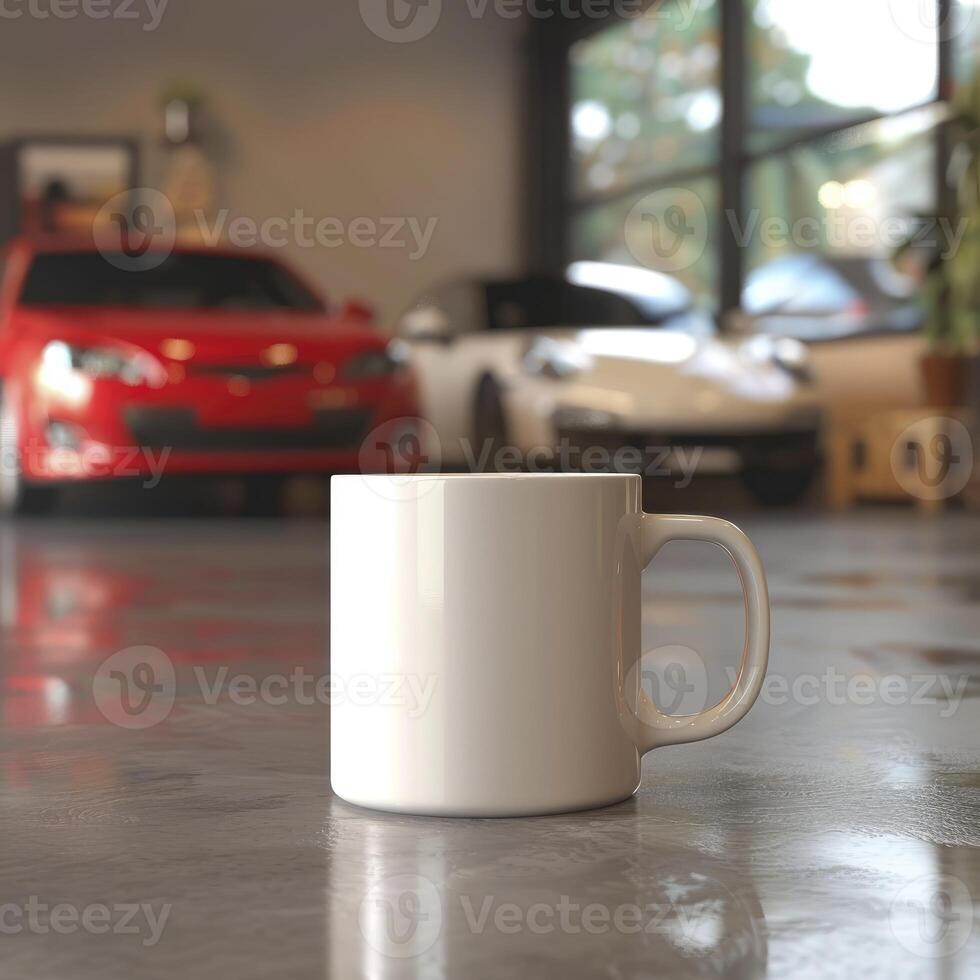 White Coffee Mug 15Oz Mockup, On Cars Background photo