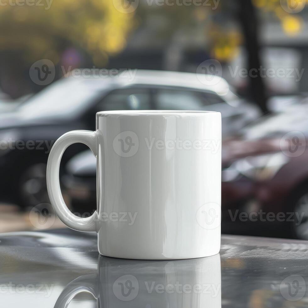 White Coffee Mug 15Oz Mockup, On Cars Background photo