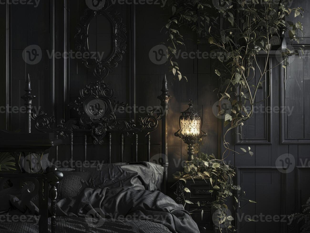 Gothic Bedroom With A Wrought Iron Night Lamp And Dark, Rich Decor, Natural Colors photo