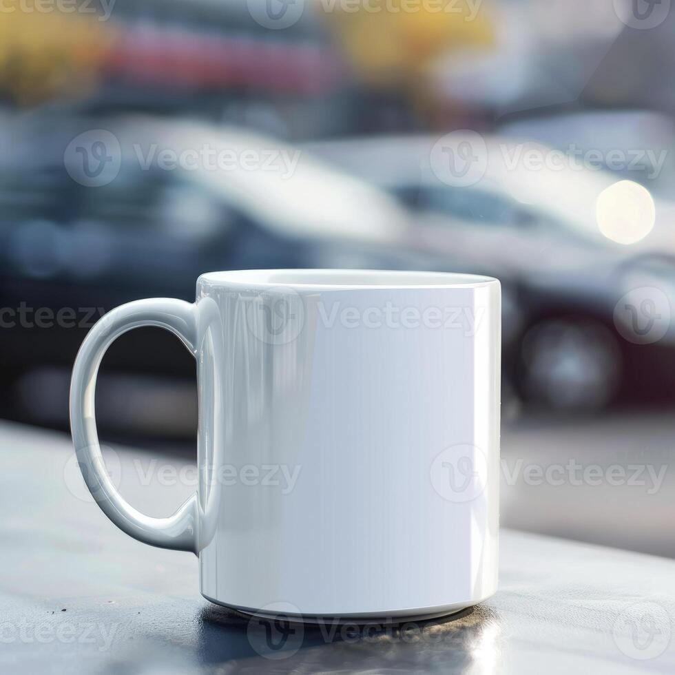 White Coffee Mug 15Oz Mockup, On Cars Background photo